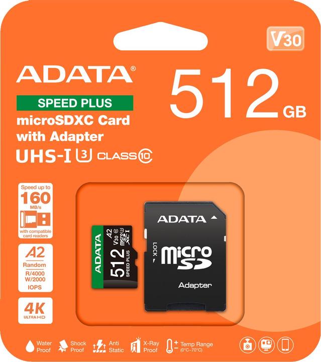 Immagine prodotto Adata microSD 512GB Speed Plus UHS-I U3 + Adapter (512 GB, microSDXC, U3, UHS-I)