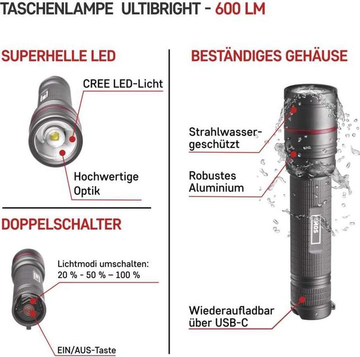 Produktbild Emos CREE LED Aufladbare Metall-Taschenlampe Ultibright 80, 600lm (15.10 cm, 600 lm)