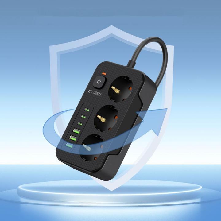 Produktbild Tech-Protect PC3X6 Power Strip 3 Sockets 240V + 3xUSB-A + 3xUSB-C 200cm - Black (3 x, USB-C, USB-A, 2 m)