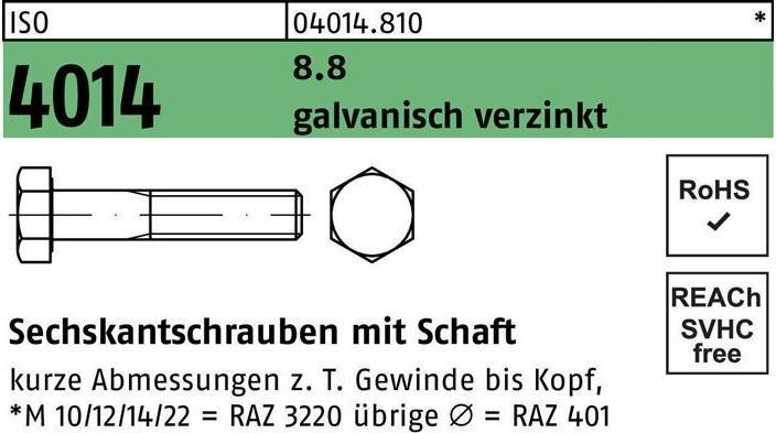 Produktbild Sechskantschraube ISO 4014 m.Schaft M 6 x 180 8.8 galvanisch verzinkt (100 Schrauben pro Stück)
