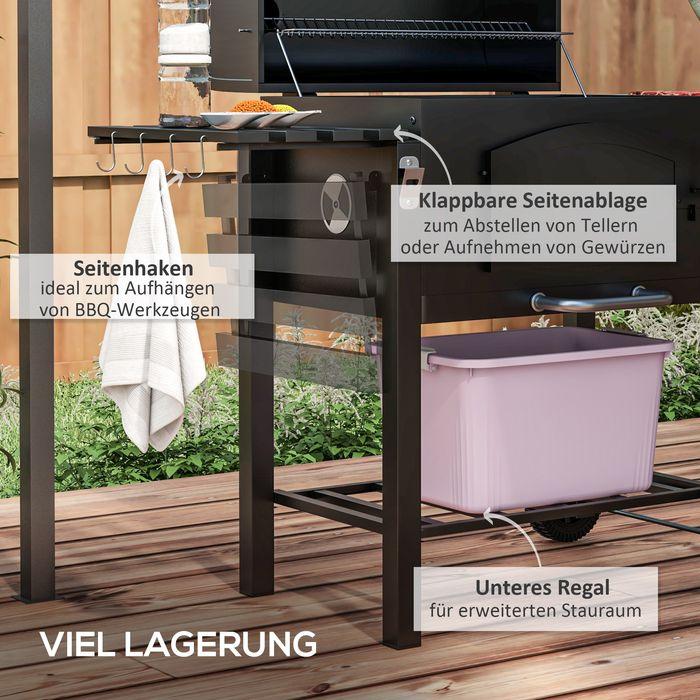 Produktbild Swisshandel24 Holzkohlegrill BBQ Gartengrill mit Deckel, Ablagen, Smoker, Warmhalteplatte, Regale, Transportrollen (54 cm)
