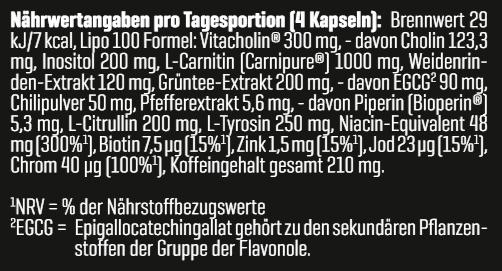 Nährwerte und Zutaten Body Attack LIPO 100 (Neutral, 120 Stk.)