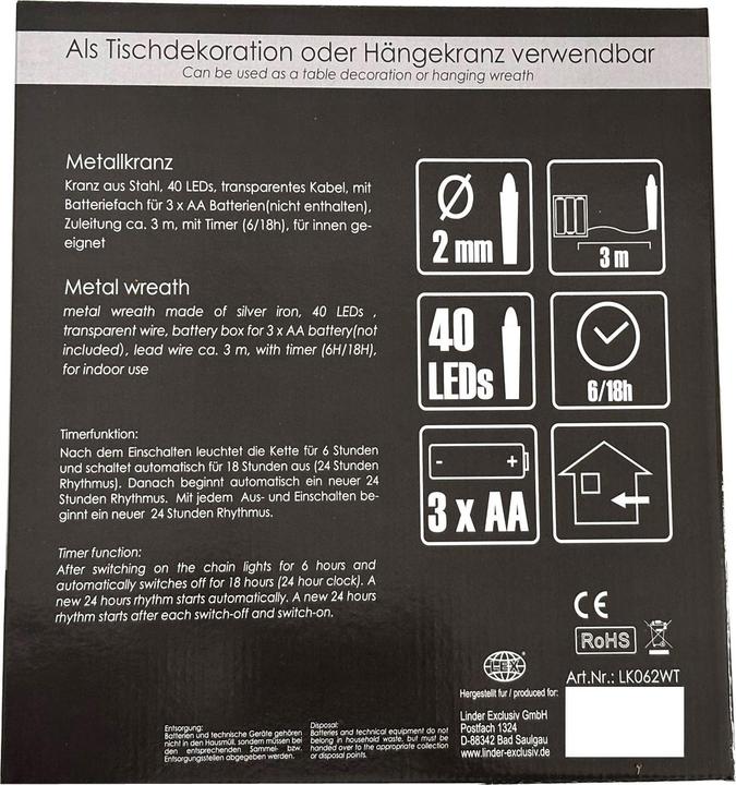 Produktbild Inda-Exclusiv 40 LED Hängekranz / Tischkranz Metall Ø30cm warmweiss