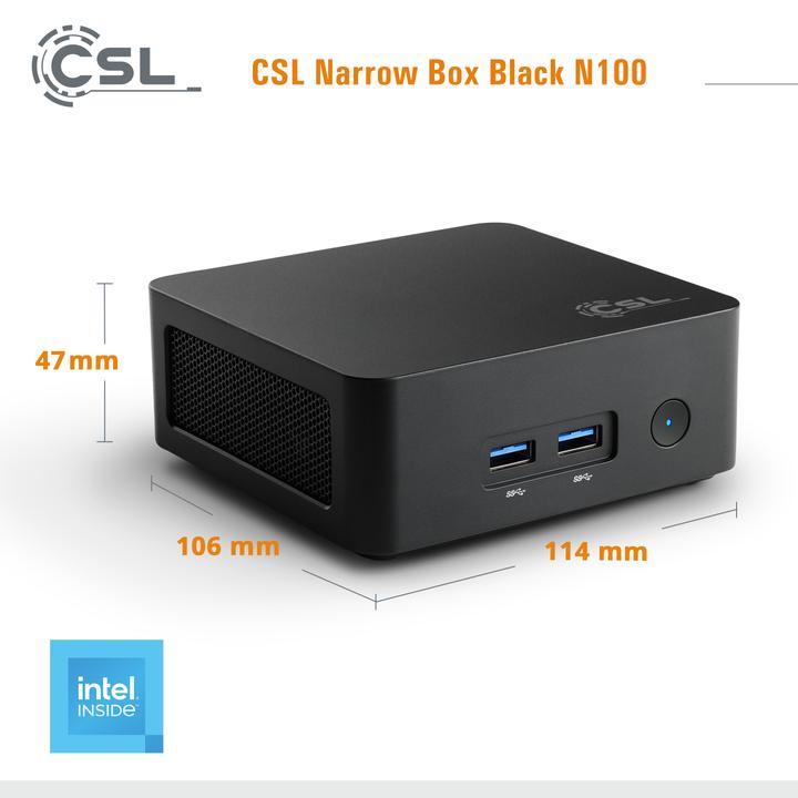 Image du produit CSL Mini-PC Narrow Box Black / 16Go / 500 Go M.2 SSD / Win 11 Pro (Intel N100, 16 Go, 500 Go, Intel UHD Graphics)