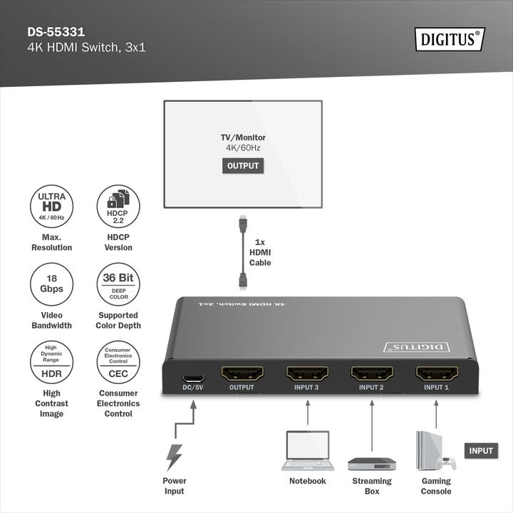Produktbild Digitus 4K HDMI Switch, 3x1