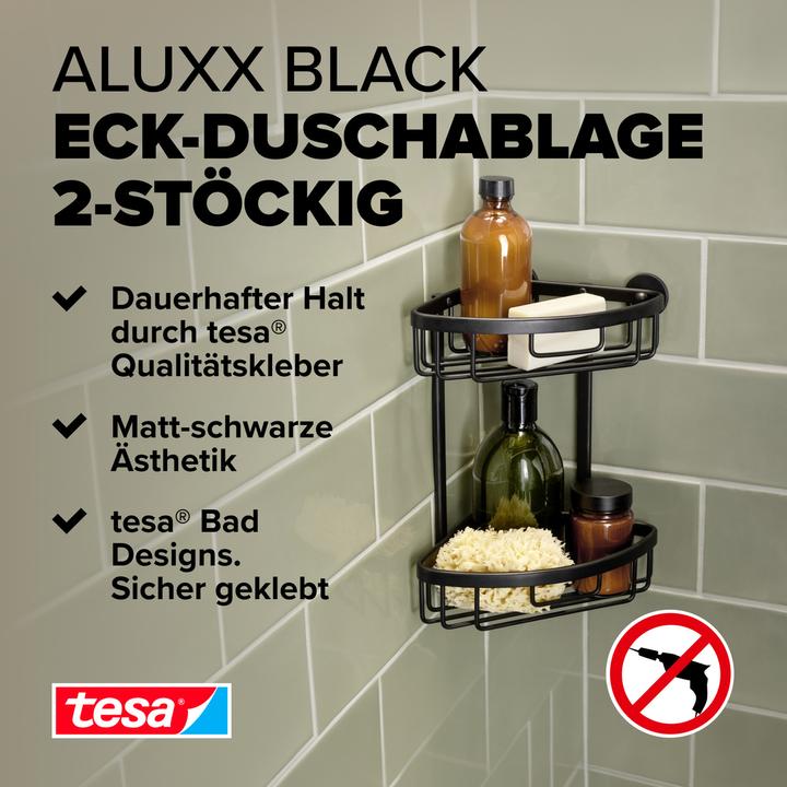 Produktbild tesa ALUXX BLACK Eck-Duschkorb inkl. Klebelösung ohne Bohren (17.5 x 17.5 x 34.5 cm)
