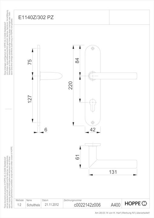 Actual product image Hoppe Long plate set Stockholm E1140Z/302 stainless steel F69 PZ 72 mm DIN left / right (Door handle)