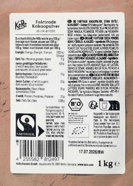 Nährwerte und Zutaten KoRo Bio Fairtrade Kakaopulver, stark entölt, alkalisiert (1000 g)
