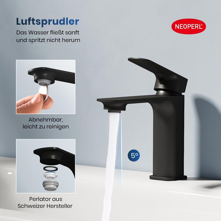 Produktbild Emke Wasserhahn Bad, Messing Schwarz matt, Mischbatterie Waschbecken, Küchenarmatur mit Perlator, Keramik