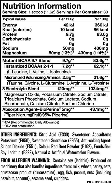 Nutritional values and ingredients Mutant Bcaa (Raspberry, 1 pcs., 348 g)