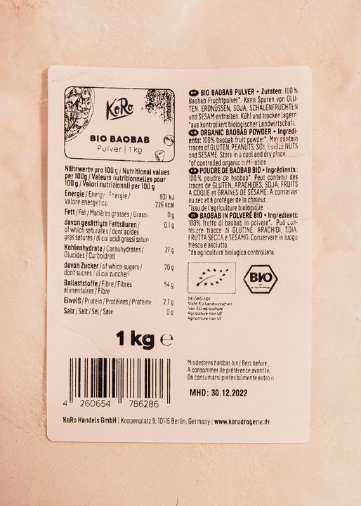 Valeurs nutritives et ingrédients KoRo Pulpe de baobab bio séchée (1000 g)
