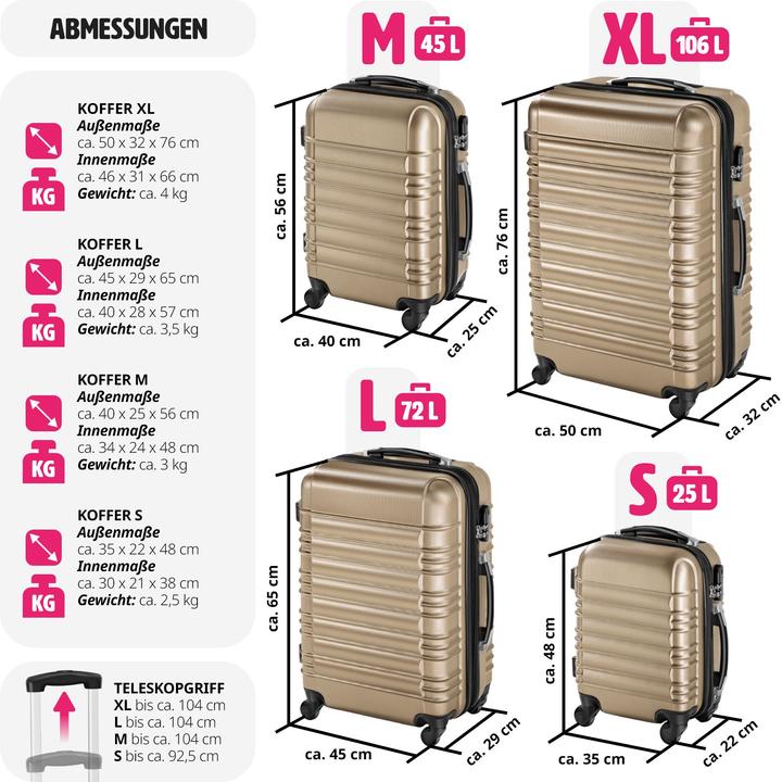 Produktbild tectake Hartschalenkofferset 4-tlg. (106 l, Handgepäck (bis 50l), M (50 - 90l), L (90 - 115l))