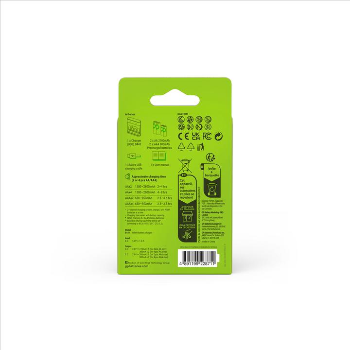 Productafbeelding GP Batteries GP Oplaadbare Batterijlader, B441 (USB), incl. 2 x AA 2100 mAh + 2 x AAA 800 mAh Batterijen (4 Pcs., AA, AAA, 2100 mAh, Oplaadbare batterijen + lader)