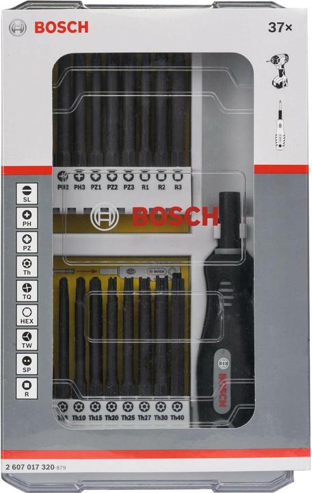 Produktbild Bosch Professional Zubehör 37-teil. Set m Schrauberbits u Griff, PH, PZ, SL, TH, TQ, H, TW, SP, R und Bith (PH1, SL6, PZ3, SP6, Th40, PH2, PZ2, Th20, Th10, TW1, TW3, HEX3, PZ1, PH3)