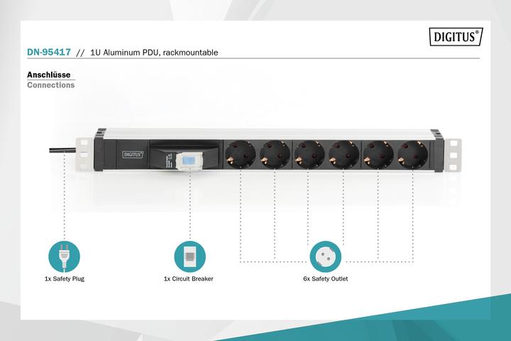 Actual product image Digitus Aluminum Outlet Strip, 6 safety outlets with circuit breaker (6 x, CEE 7/3, 1.80 m)