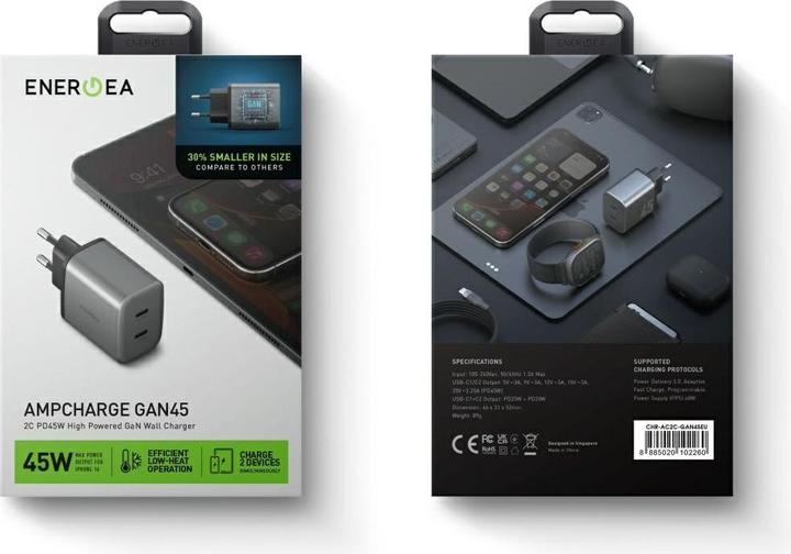 Actual product image Energea Wall Charger Ampcharge GaN45 2xUSB-C PD/PPS/QC3.0 45W grey (45 W)