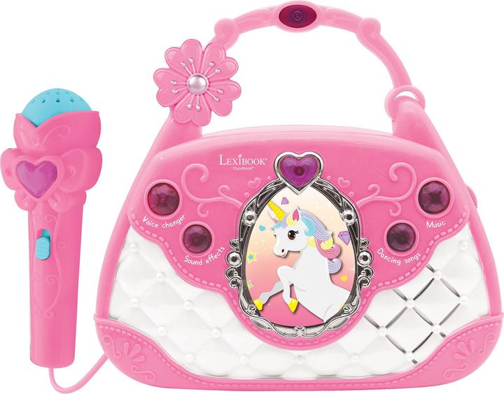 Actual product image Lexibook Unicorn karaoke and music speaker in handbag design, microphone, voice changer, audio-in cable