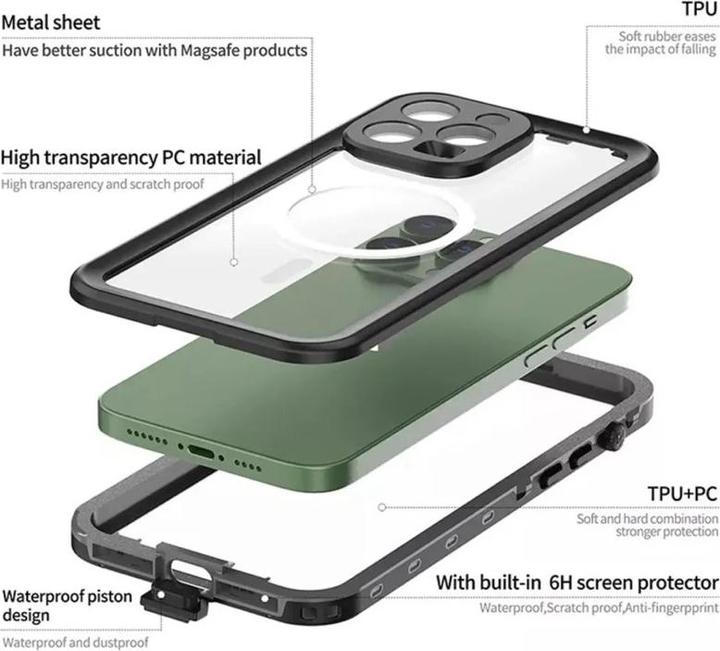 Immagine prodotto Redpepper Apple iPhone 15 Pro - IP68 Dot+ Series Wasserdichtes Outdoor Case mit Magsafe, schwarz (Apple iPhone 15 Pro)