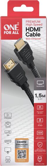 Actual product image One for All 1.5m Premium High Speed HDMI cable certified (1.50 m, HDMI)