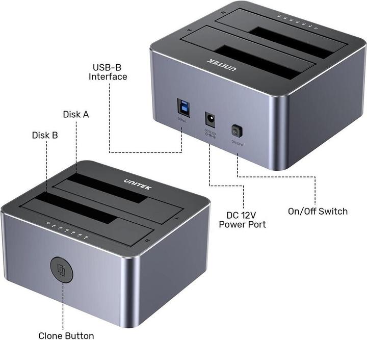 Produktbild Unitek Y-3026GY01-EU Disk Clone Station 2 x SATA 2 5 /3 5 USB 5Gbps (USB-B, 2 Ports)
