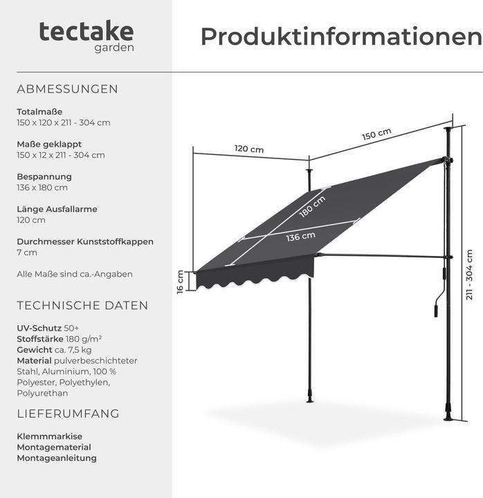 Produktbild tectake Klemmmarkise (1.50 m)