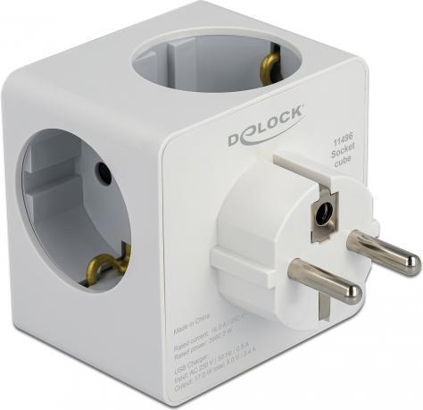 Productafbeelding Delock Stopcontactkubus 3-voudig met kinderslot en USB-lader wit (3 x, CEE 7/3)