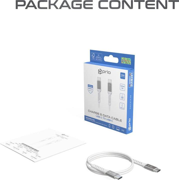 Immagine prodotto prio Cavo di ricarica e sincronizzazione ad alta velocità da USB-C a USB-C, 5 A, 1,2 m, bianco (1.20 m, USB 2.0)