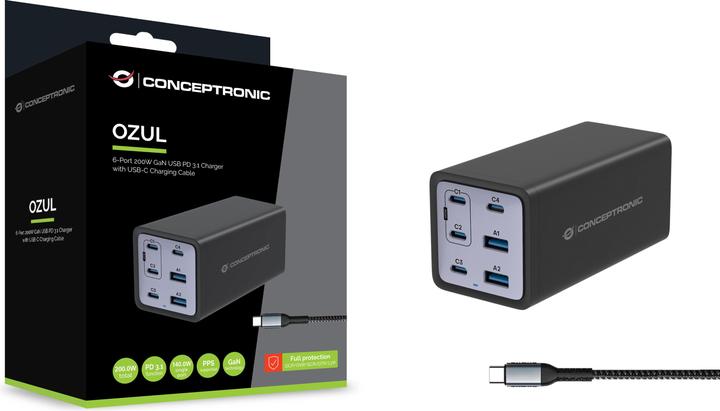 Actual product image Conceptronic Charger 4Port 200W,4xUSB-C,2x 3-in-1 USB-A bw (200 W)
