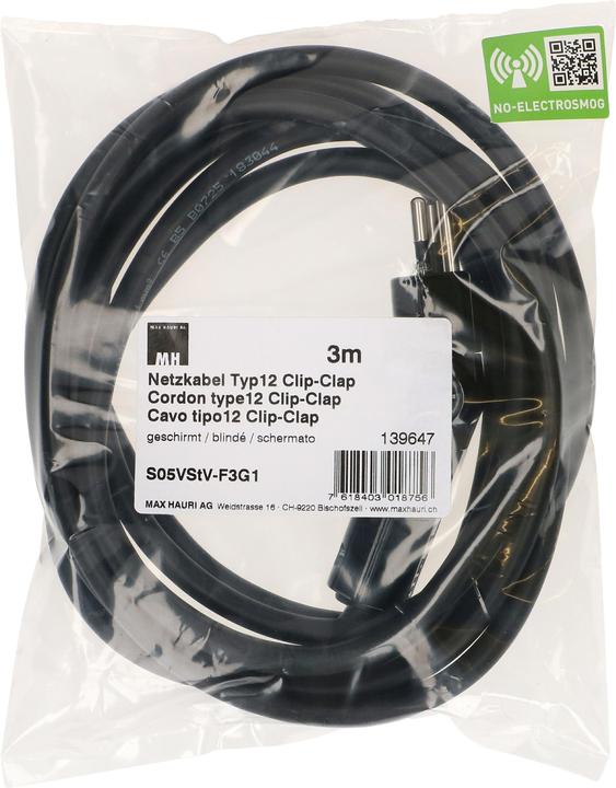 Produktbild Max Hauri Elektrobiologie MHAG Netzkabel 3G1.0 geschirmt Typ 12 (3 m)