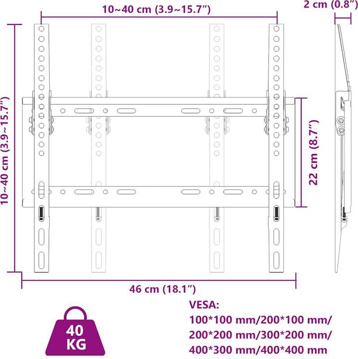 Image du produit VidaXL Support TV mural 26-63 pouces écran Max VESA 400x400 mm 30kg (Plafond, 63", 40 kg)
