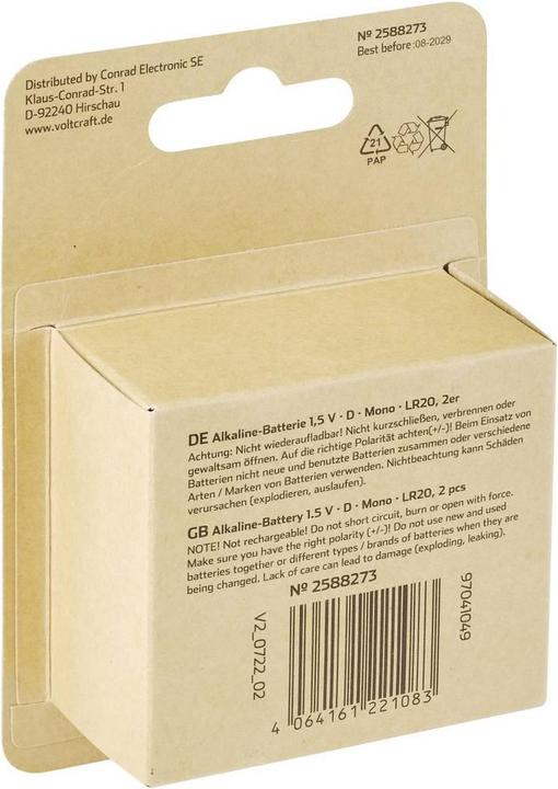 Image du produit Voltcraft Pile LR20 Mono (D) alcaline-manganèse 18000 mAh 1.5 V 2 pcs. (2 pcs, D, 18000 mAh)