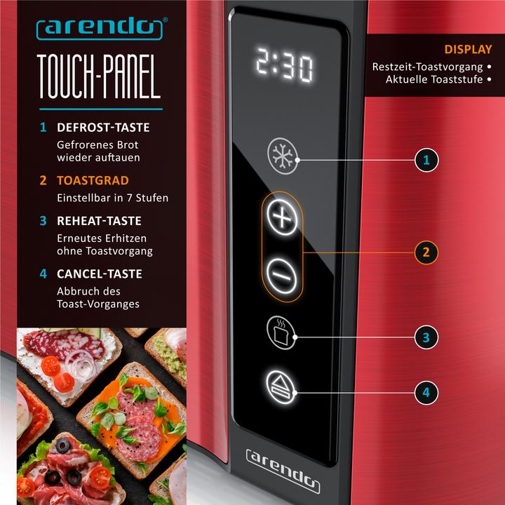 Produktbild Arendo Toaster Edelstahl 4 Scheiben Langschlitz, Brötchenaufsatz, Display mit Restzeitanzeige, Touchpanel