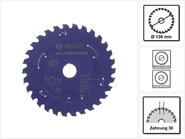 Immagine prodotto Bosch Professional Zubehör Lama circolare a batteria Expert per acciaio inox, 136 x 1,5/1,2 x 20, 30 denti