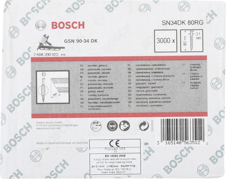Nutritional values and ingredients Bosch Professional Zubehör D-head strip nail SN34DK 80RG, 3.1 mm, 80 mm, galvanised, grooved