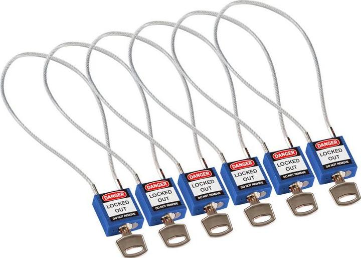 Produktbild Brady kompaktes Sicherheitsschloss Nylon mit Kabelbügel, Blau, 400mm Kabellänge, 4,7mm PVC-beschic