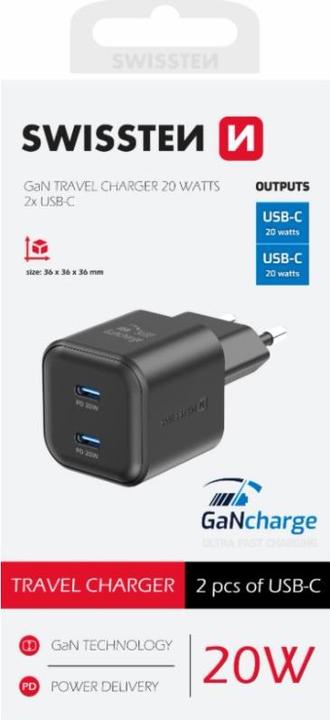 Immagine prodotto Swissten Caricatore da viaggio GaN 2X USB-C 20W Power Delivery Nero (20 W)