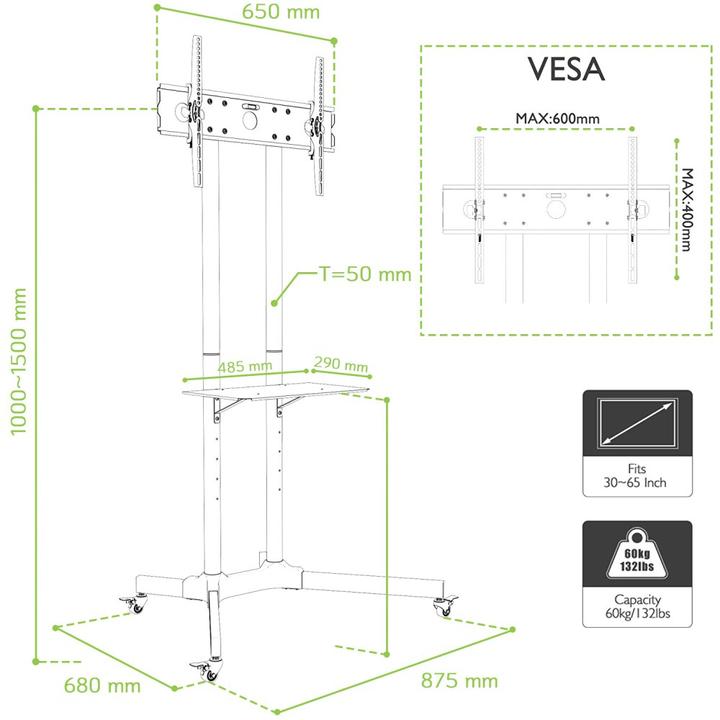 Image du produit Techly ICA-TR6 Chariot TV 76,2 cm (30") 165,1 cm (65") Inclinable (65", 60 kg)