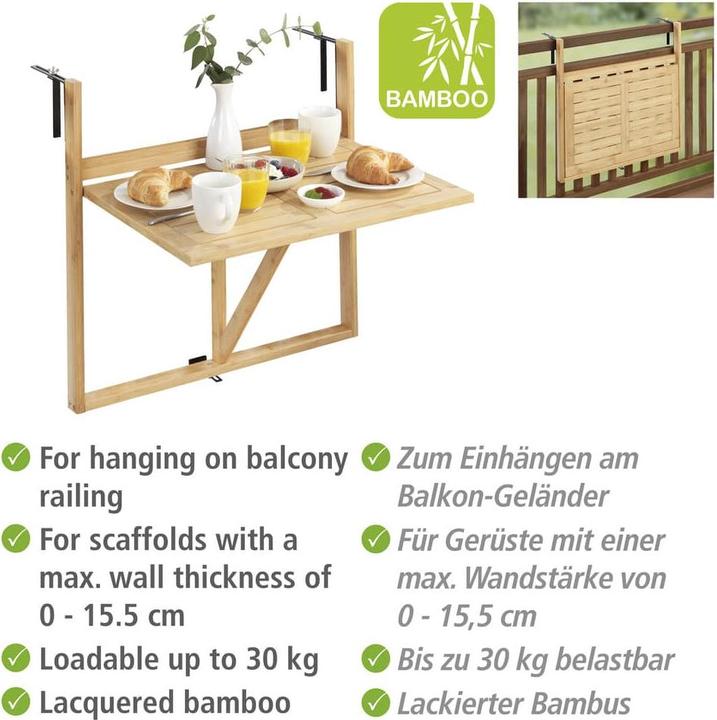 Actual product image Wenko Bamboo balcony folding table Mod. Waikiki for hanging on balcony railings (64 cm)