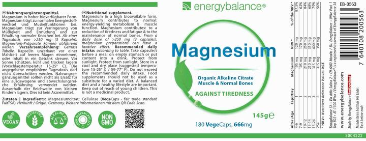 Nährwerte und Zutaten Energybalance Magnesium Citrat (180 Stück, Kapseln, 145 g)
