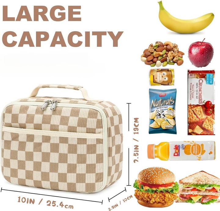 Actual product image Only-Bags.Store Grosses Fassungsvermögen Chic Cord isolierte Lunch Bag mit kariertem Design - auslaufsicher und