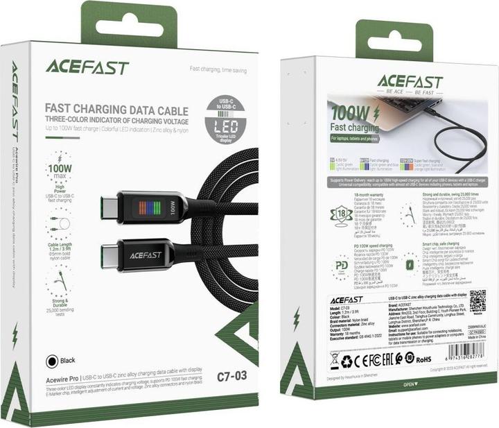 Image du produit Acefast Câble C7-03 USB-C USB-C 100W 1,2m avec écran - noir (1.20 m, USB 3.0)