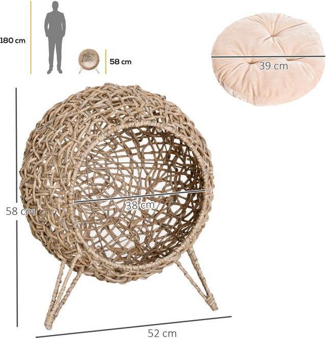 Produktbild Swisshandel24 Katzenhaus aus PE-Rattan mit Kissen Katzenschlafplatz Katzenhöhle mit erhöhten Füssen Natur Ø52 x 58 (Katze)