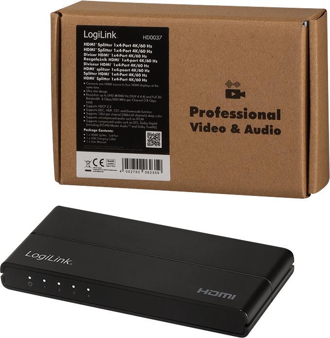 Produktbild LogiLink HD0037 HDMI Splitter 1x4-Port, 4K/60 Hz, HDCP, HDR, CEC, downscaler