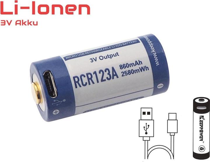 Produktbild Keeppower RCR123A 3.0 Volt 880mAh 1,5A Lithium Ionen Akku 16340, wiederaufladbar nur über micro USB (1 Stk., 16340, 880 mAh)