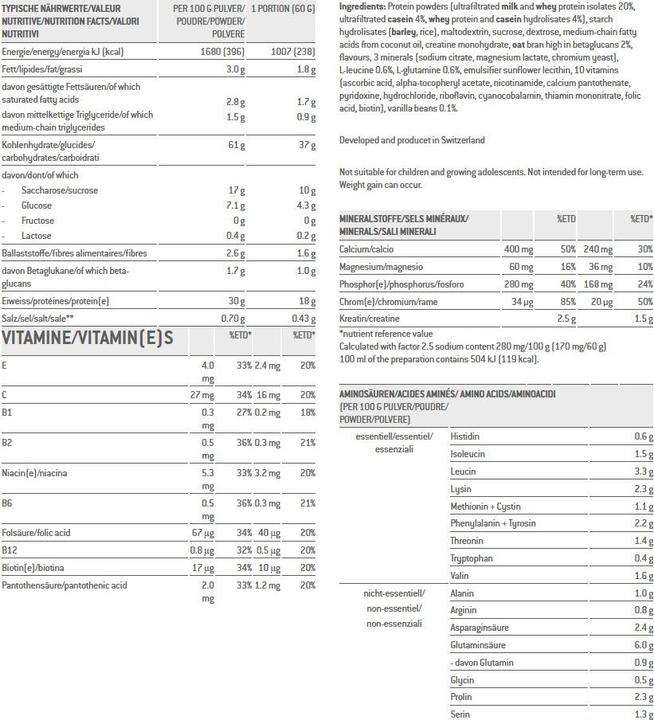 Nutritional values and ingredients Sponser Pro Mass Gainer (Vanilla, 1 pcs., 1200 g)