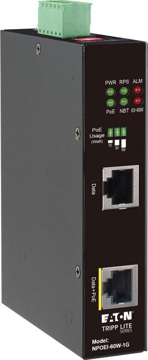 Actual product image Eaton Industrial Gigabit Ethernet PoE injector 60W PoE++ 802.3bt Midspan -40 to +75 DIN ra (802.3bt (PoE++), 60 W)