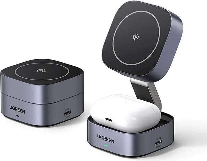 Immagine prodotto Ugreen W702 Caricatore induttivo 3in1 con MagSafe / Qi2 e porta USB-C per telefono / cuffie - nero (15 W)