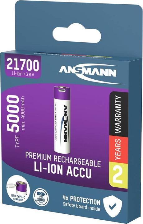 Image du produit Ansmann Li-Ion Akku 21700 5000 mAh mit USB Typ-C Ladebuchse Mignon (AA)-Akku Li- (1 pcs, AA, 4900 mAh)