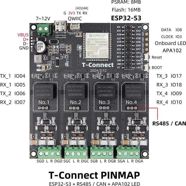 Image du produit Lilygo T-Connect ESP32-S3 avec 4x RS485