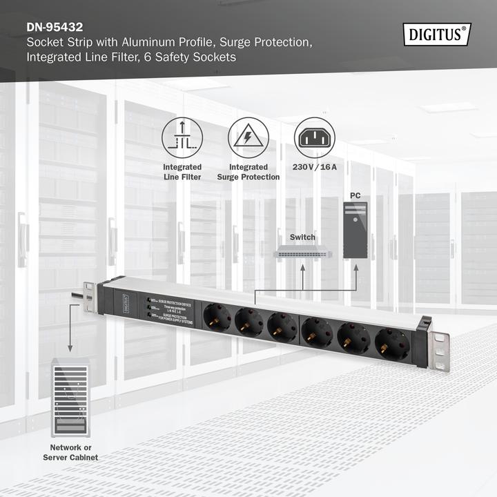 Image du produit Digitus Multiprise avec profilé en aluminium, protection contre la surcharge et filtre secteur intégrés, 6 p (6 x, CEE 7/3, 2 m)